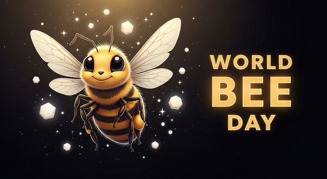 This image features a cheerful cartoon bee with outstretched wings and a golden glow on a black background with white dots