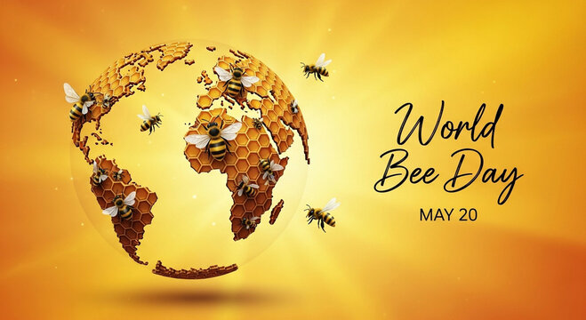 This image features a honeycomb globe with bees flying around it on a yellow background with World Bee Day text