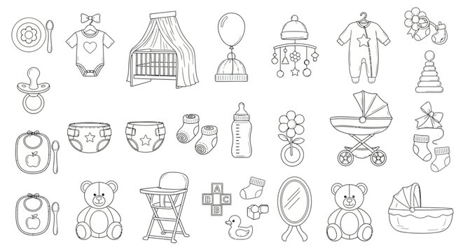 Baby icons, nursery symbols, 25 child care illustrations, vector line art, black and white