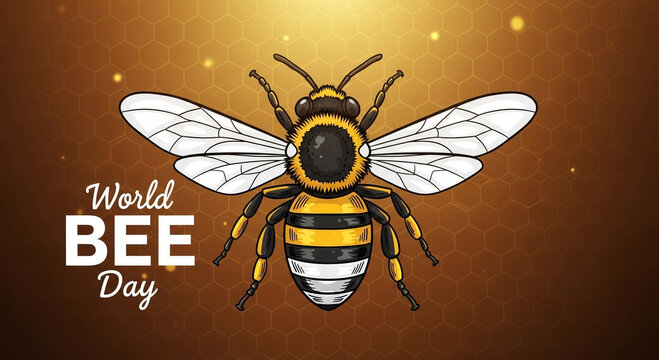This image features a stylized illustration of a honeybee with the text 'World Bee Day' on a warm golden background