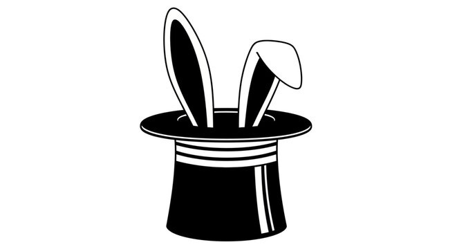 Black, vintage-style top hat with rabbit ears, magic trick illustration, vector icon, whimsical design element