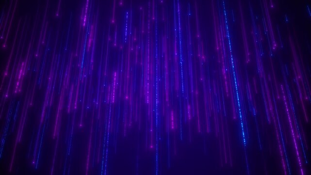 Purple blue digital rain background falling neon streaks, glowing data particles, cyber space. for AI videos, coding intros, cyber security visuals, software promos, and futuristic motion overlays.