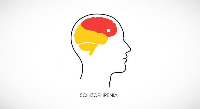 An illustration of a human head with a brain highlighted in red and yellow, symbolizing schizophrenia awareness on World Schizophrenia Day, used for mental health advocacy and education.