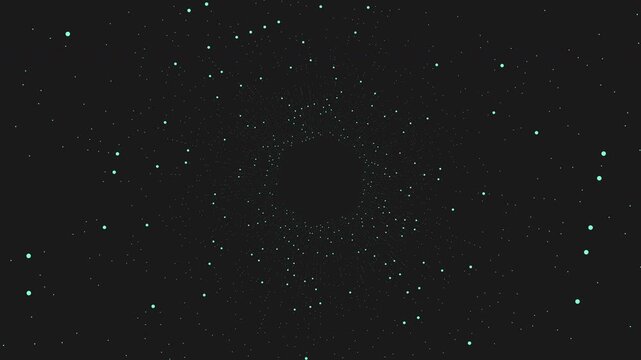 Glowing teal particles swirl into a circular vortex on a dark background, creating a futuristic space tunnel effect for technology, sci fi, and digital backdrop use