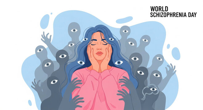 An illustration depicting a woman with schizophrenia symptoms on World Schizophrenia Day, surrounded by shadowy figures representing auditory hallucinations and disorganized thinking.