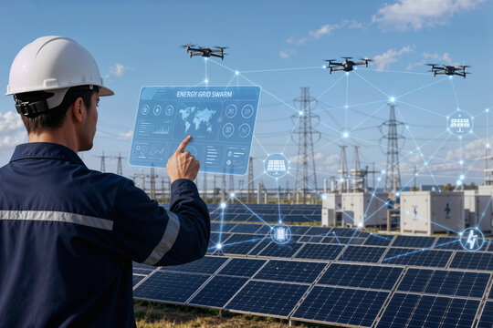 Man interacting with energy grid swarm technology at solar panel site energy grid swarm interface drones smart grid renewable power management and monitoring