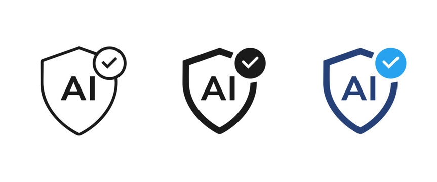AI security shield icon set with checkmark verification. Modern abstract design featuring black, white and blue shield shapes for artificial intelligence, trust, protection and technology branding