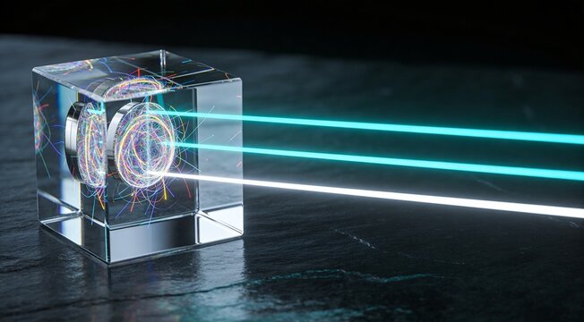 Optical data routing background with precision glass prism converting chaotic multicolor input into clean cyan and white beams, premium infrastructure visual for networks, cloud and telecom