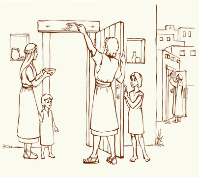 Vector drawing. The family fulfills God's command. Anoints the doorposts with the blood of the lamb