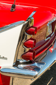 Canada, BC, Victoria.  Tail lights of a vintage 1958 American automobile.