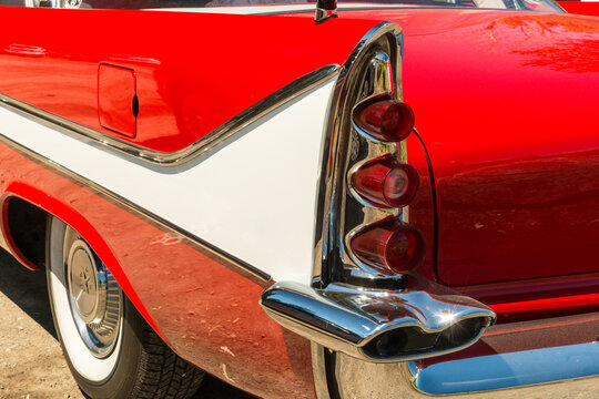 Canada, BC, Victoria.  Tail lights of a vintage 1958 American automobile.