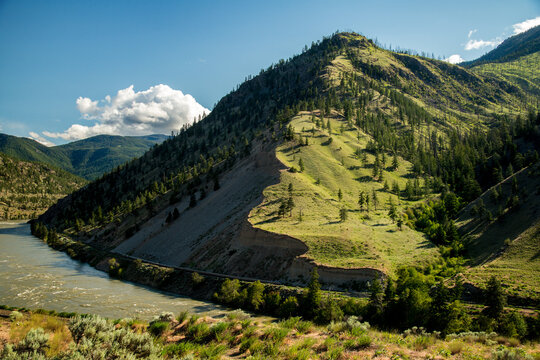 Canada, BC, Cache Creek.  Scalloped edge of green hillside in the BC Interior, Cariboo District.
