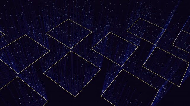 Futuristic technology background with blue light trails, floating wireframe squares, and sparkling particles in dark space, ideal for data, AI, and cyber themes