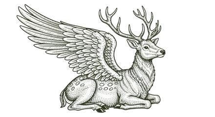 Fototapeta premium Mythical winged deer, fantasy creature, line art illustration, black and white, vector graphics, mythical being, decorative design element