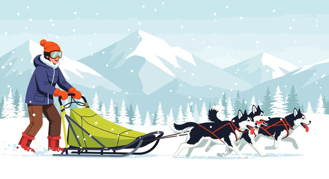 Dog sledding, winter sports, snowy landscape, vector illustration, sled pulling, snow dogs