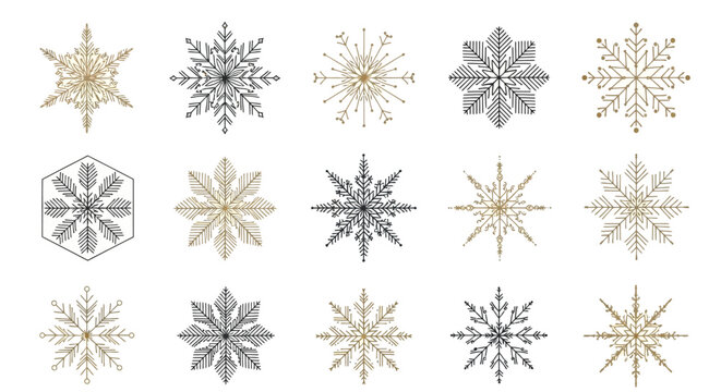 Golden, silver, and gray snowflakes, 15-piece vector icon set, winter decorative elements, frosty design motifs, metallic snowflake graphics