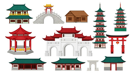 Naklejka premium Asian temple, pagoda, and gate vector icons, Chinese architecture symbols, oriental building elements, 10 illustration set