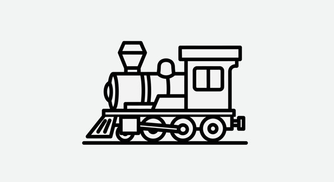 Vintage steam train, locomotive icon, black line art, transportation symbol, rail vehicle