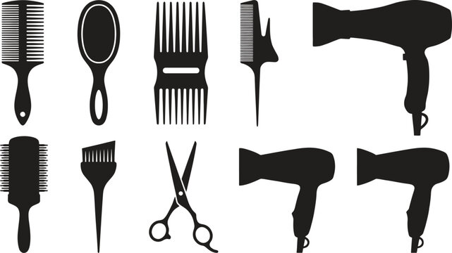 black silhouettes of hairdressing tools on white background