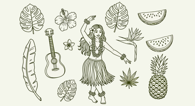 Hula Girl, Tropical Icons, Vector Illustrations, Green Line Art, Summer Elements, 16 Icons