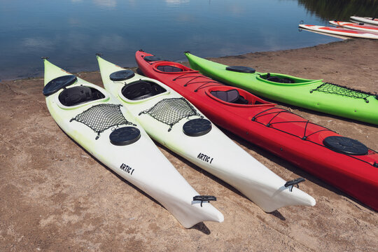 Colorful Kayaks on the Beach at T&ouml;&ouml;l&ouml;nlahti Park Helsinki Finland