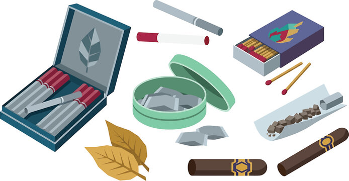 cigarette and cigar smoking related objects on white background