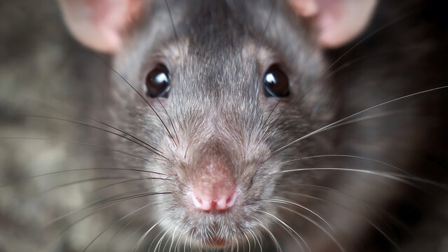 Close-up portrait of a curious brown rat with large dark eyes and prominent whiskers.