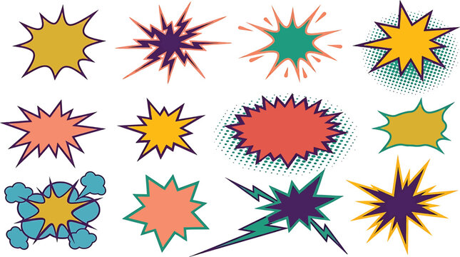 Colorful comic book explosion effects on white background