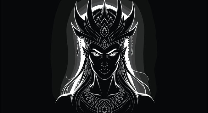 Mystical regal fantasy queen with glowing eyes, ornate crown, elaborate jewelry, flowing hair, and divine supernatural authority illustration artworkMobile
