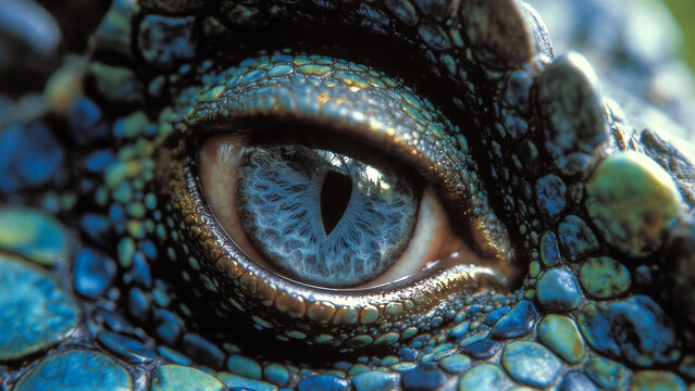 Reptile eye revealing intricate blue green scale closeup