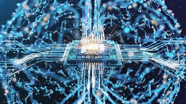 Digital brain with integrated circuit chip and data streams glowing blue network connections mind