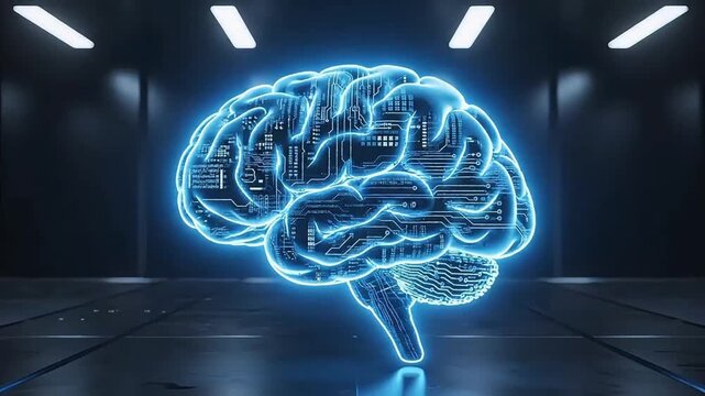 Abstract digital brain with glitching data and interior lights glowing blue network connections mind