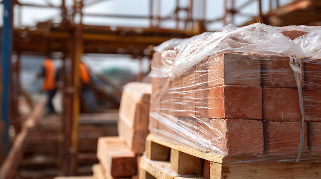 Stack of new red bricks wrapped in plastic film on a wooden pallet at a construction site with blurred workers and scaffolding