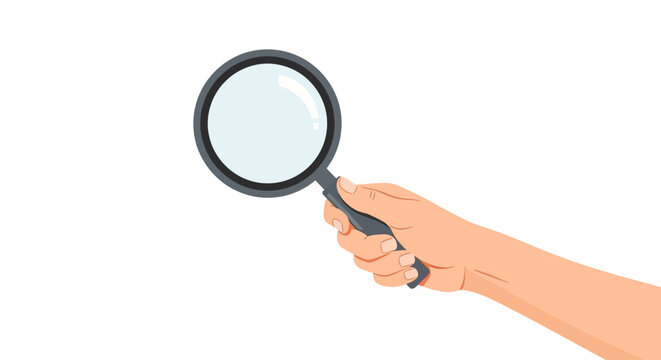 Magnifying glass, hand holding magnifier, investigation tool, search icon, vector illustration
