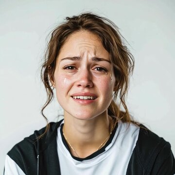 Emotional woman with tears reflecting sadness.