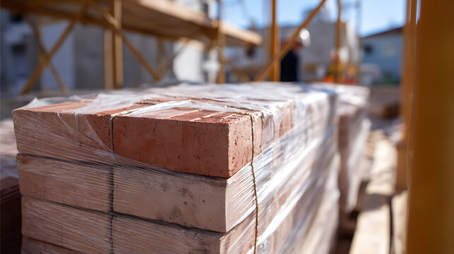 Close-up of neatly stacked red construction bricks wrapped in clear plastic on a sunny building site with blurred background elements