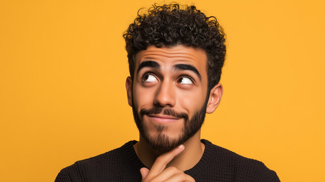 A thinking man in front of a yellow background, expression of think