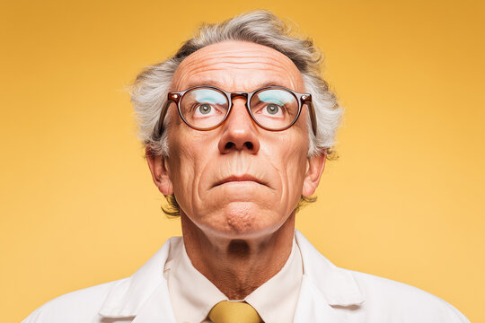 A serious mature scientist looking up with eyeglasses, science research