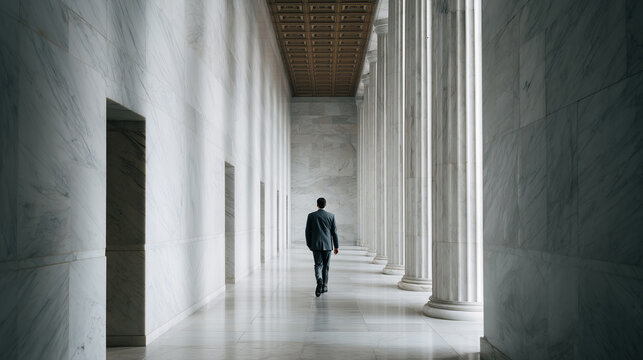 A person walking in a hall with marble wall and column, modern architecture