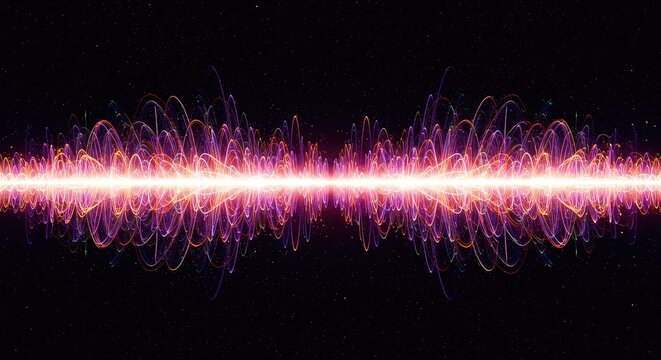 Vibrant abstract visualization of harmonic energy fields and rhythmic sound waves spreading across a dark cosmic background, background, digital, harmonic