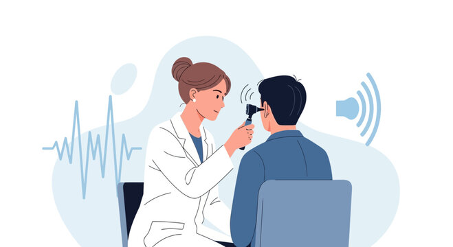 Doctor examines patient's ear with otoscope, audiogram and sound waves in background