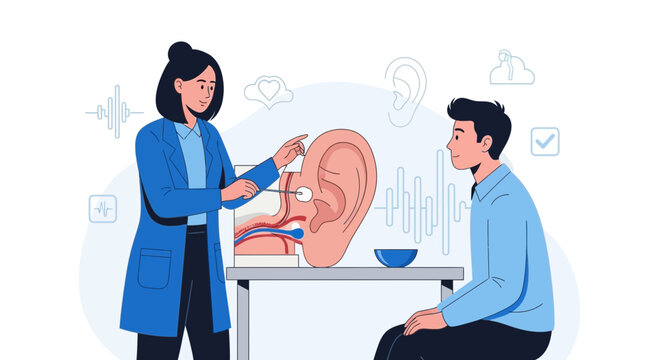 Doctor examines patient's ear with audiogram and ear model, hearing checkup