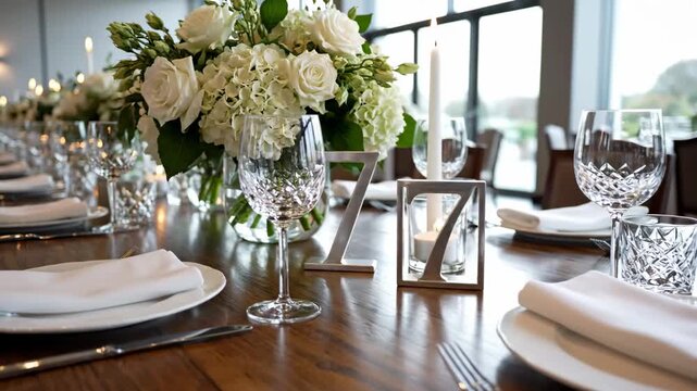 Elegant Wedding Reception Table Setting with White Roses and Crystal Glassware for Luxury Event Planning.