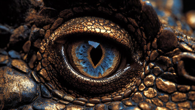 Reptile eye showing golden ringed iris and rugged scales closeup