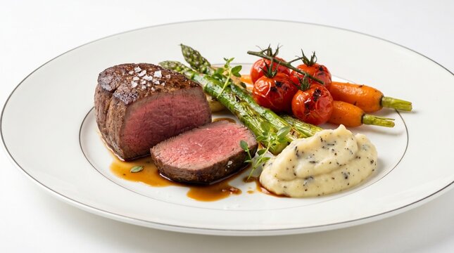 A delicious beef steak dinner with garnish in fine dinning plate Isolated on a white background