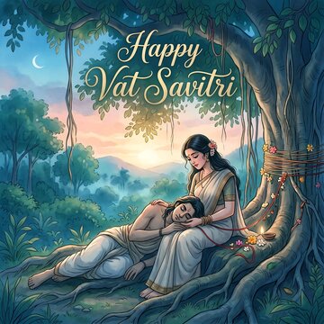 Couple celebrates vat savitri under tree with warm lighting and nature backdrop