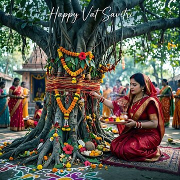 Woman in red saree worships sacred tree adorned with marigold garlands during vat savitri
