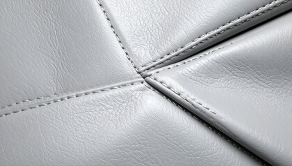 Fototapeta premium Close-up of four stitched leather panels with a central seam intersection, showing texture and detail. The color is a light gray