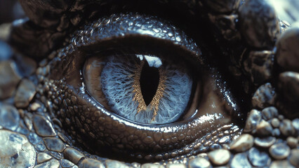 Fototapeta premium Reptile eye revealing blue iris and textured scales closeup