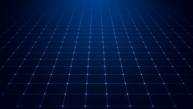 Futuristic Blue Digital Grid Background with Glowing Network Lines and Perspective Technology Matrix